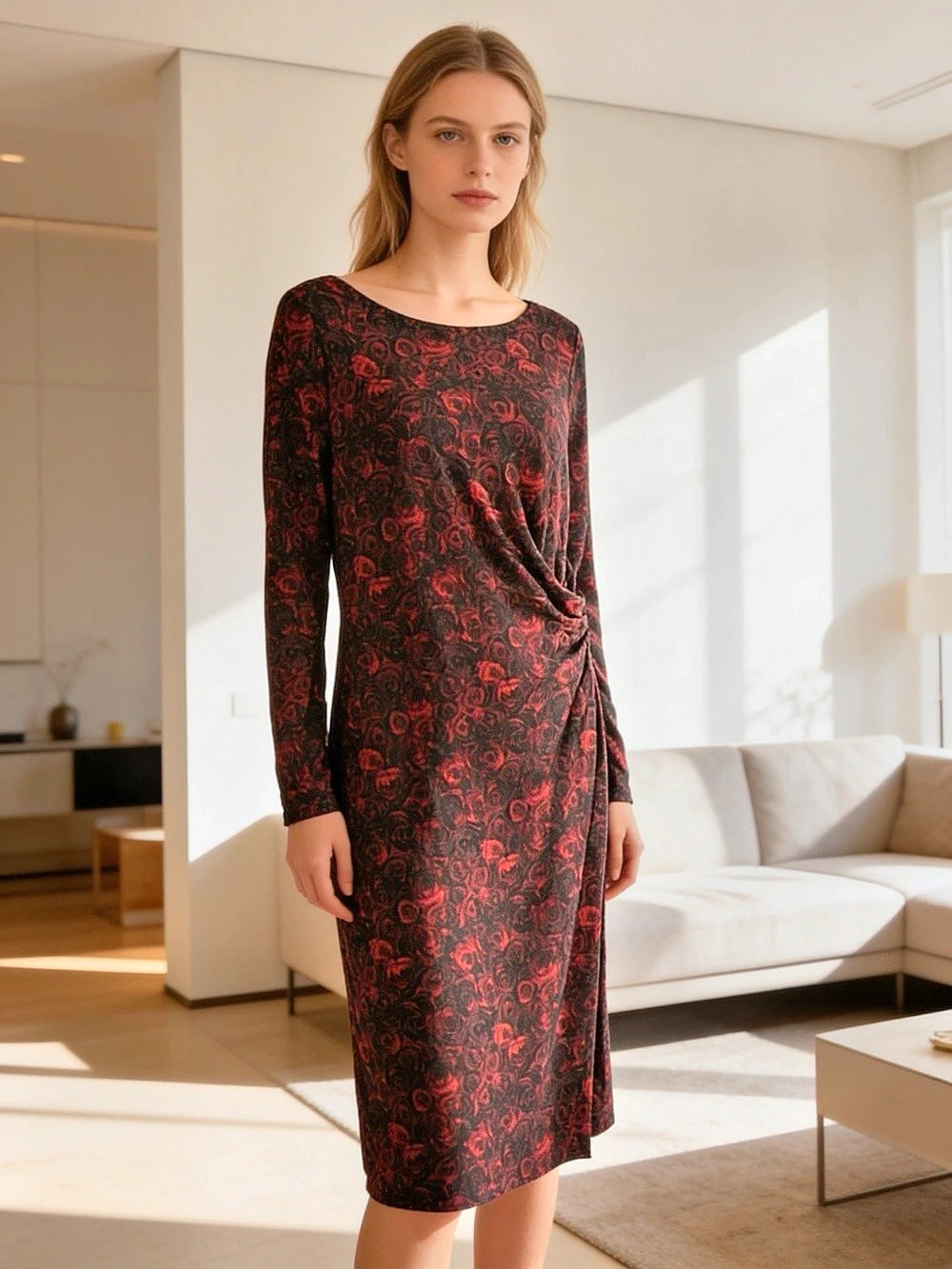 Talbots Red and Black Rose Floral Faux Wrap Midi Dress Medium